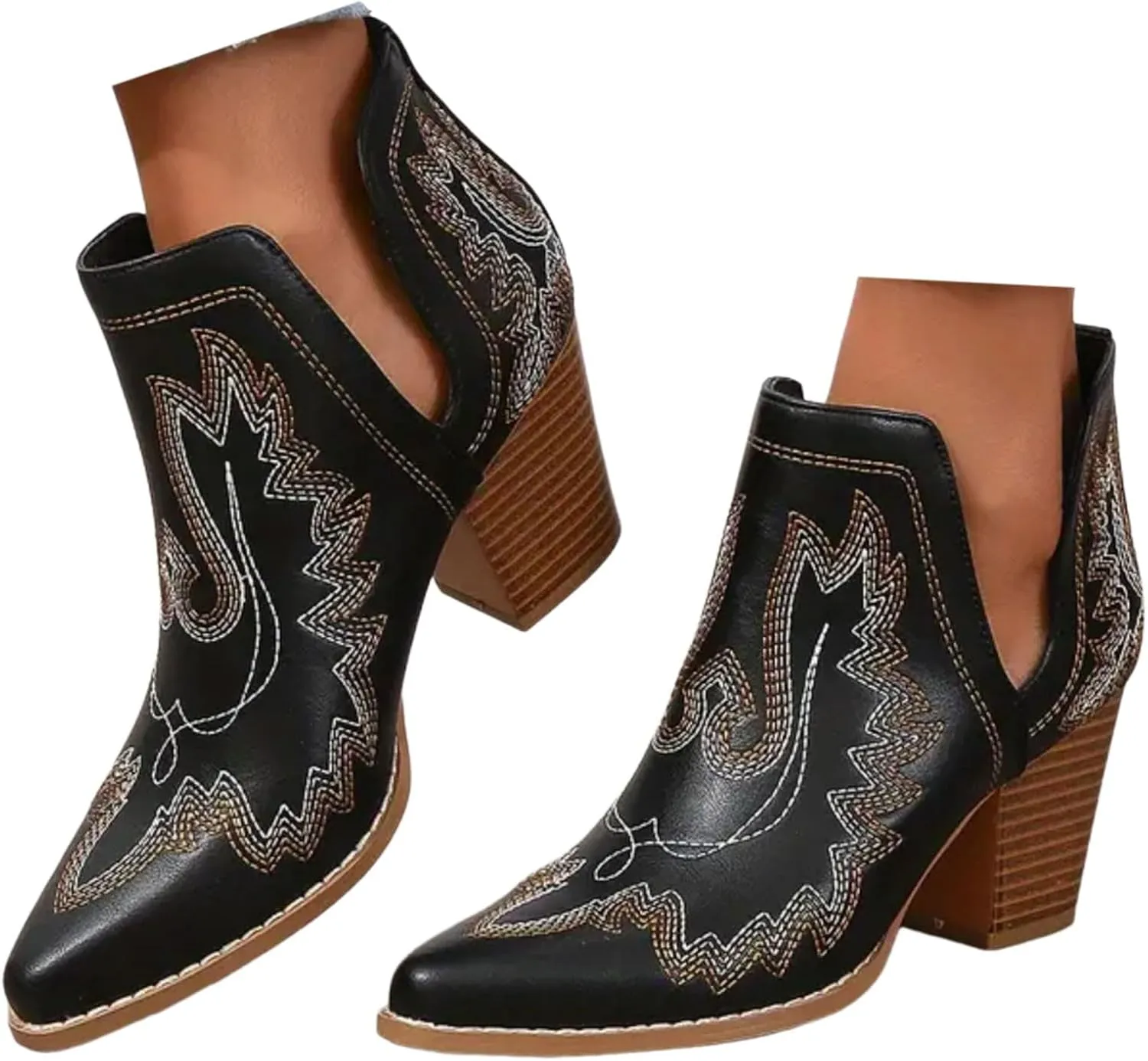 Ankle Boots for Women Low Heel Chunky Boots for Women Women Pointed Toe Block Heel Pull On V Cut Embroidered Boots