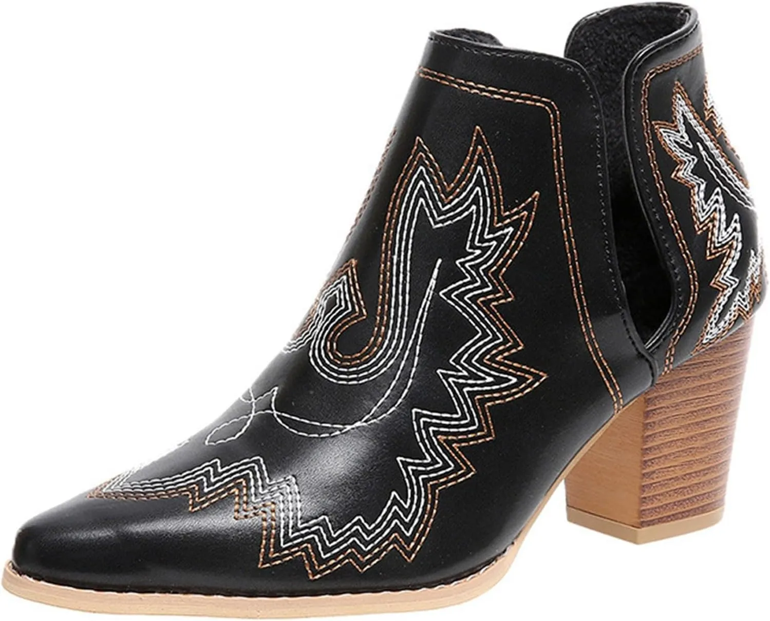 Ankle Boots for Women Low Heel Chunky Boots for Women Women Pointed Toe Block Heel Pull On V Cut Embroidered Boots