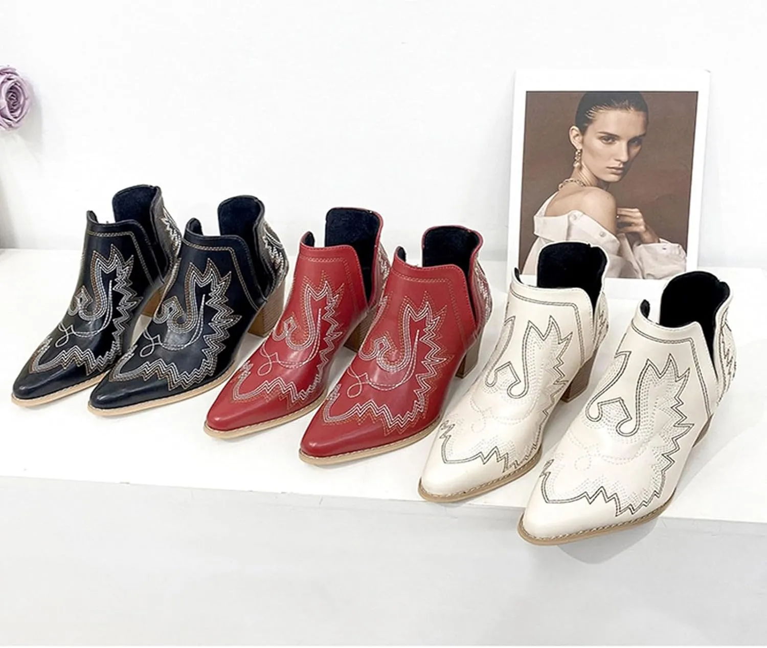 Ankle Boots for Women Low Heel Chunky Boots for Women Women Pointed Toe Block Heel Pull On V Cut Embroidered Boots