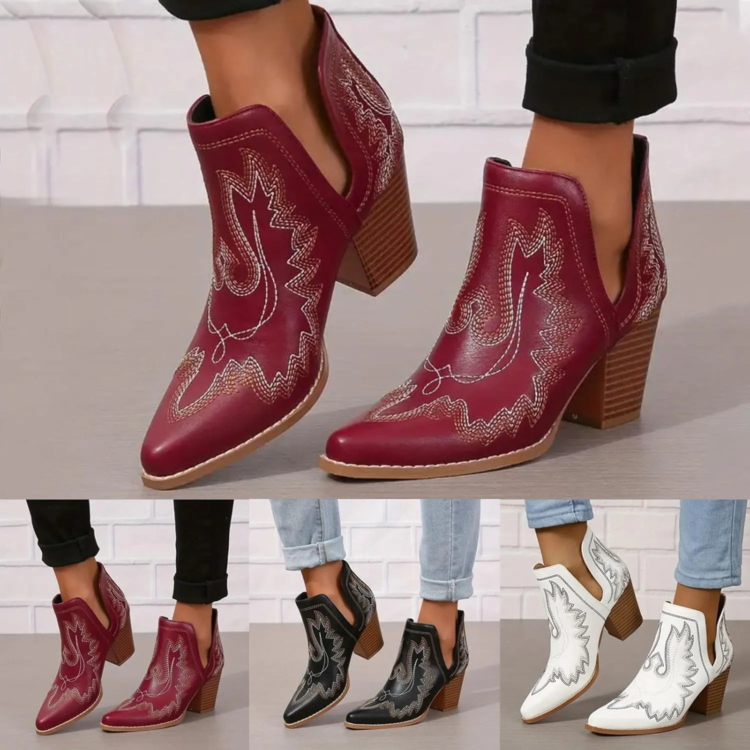 Ankle Boots for Women Low Heel Chunky Boots for Women Women Pointed Toe Block Heel Pull On V Cut Embroidered Boots