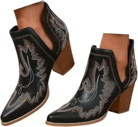 Ankle Boots for Women Low Heel Chunky Boots for Women Women Pointed Toe Block Heel Pull On V Cut Embroidered Boots