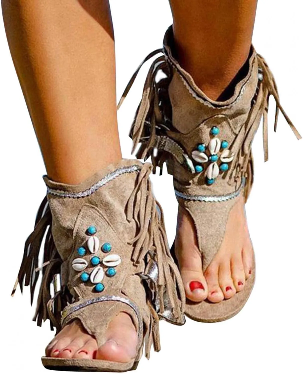 BORAMAX Womens Gladiator Fringe Thong Flat Sandals Retro Bohemian Beach Roman Boots Tassel Flip Flops Wedge Sandals Brown-8.5