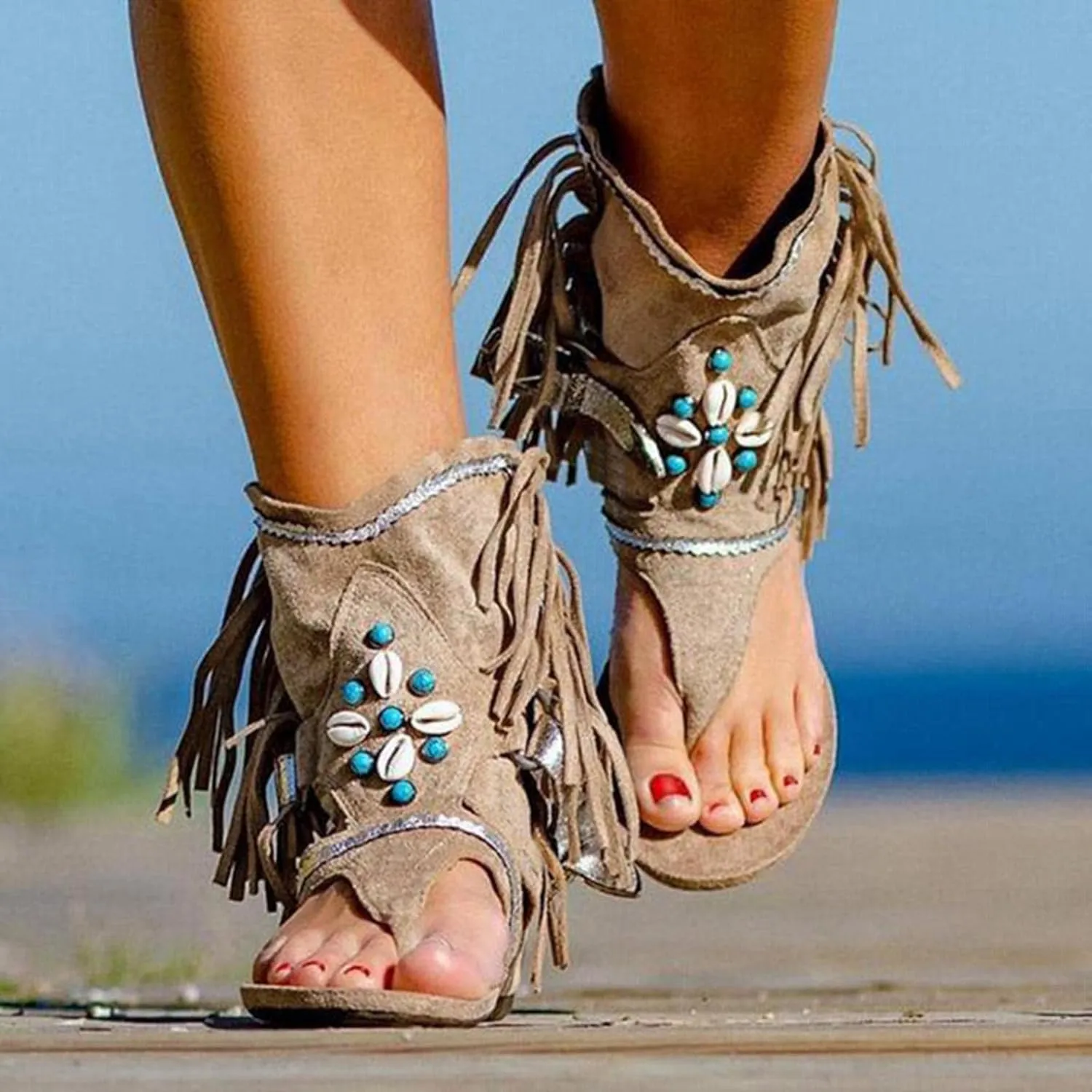 BORAMAX Womens Gladiator Fringe Thong Flat Sandals Retro Bohemian Beach Roman Boots Tassel Flip Flops Wedge Sandals Brown-8.5