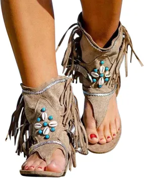 BORAMAX Womens Gladiator Fringe Thong Flat Sandals Retro Bohemian Beach Roman Boots Tassel Flip Flops Wedge Sandals Brown-8.5