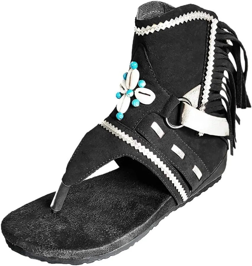 BORAMAX Womens Gladiator Fringe Thong Flat Sandals Retro Bohemian Beach Roman Boots Tassel Flip Flops Wedge Sandals Brown-8.5