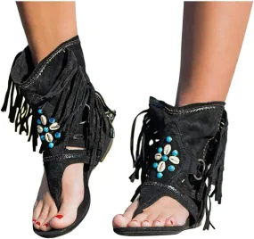 BORAMAX Womens Gladiator Fringe Thong Flat Sandals Retro Bohemian Beach Roman Boots Tassel Flip Flops Wedge Sandals Brown-8.5