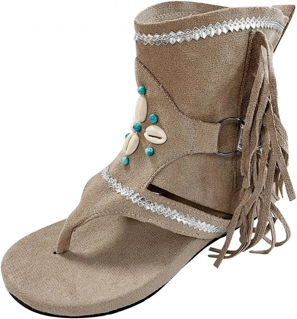 BORAMAX Womens Gladiator Fringe Thong Flat Sandals Retro Bohemian Beach Roman Boots Tassel Flip Flops Wedge Sandals Brown-8.5