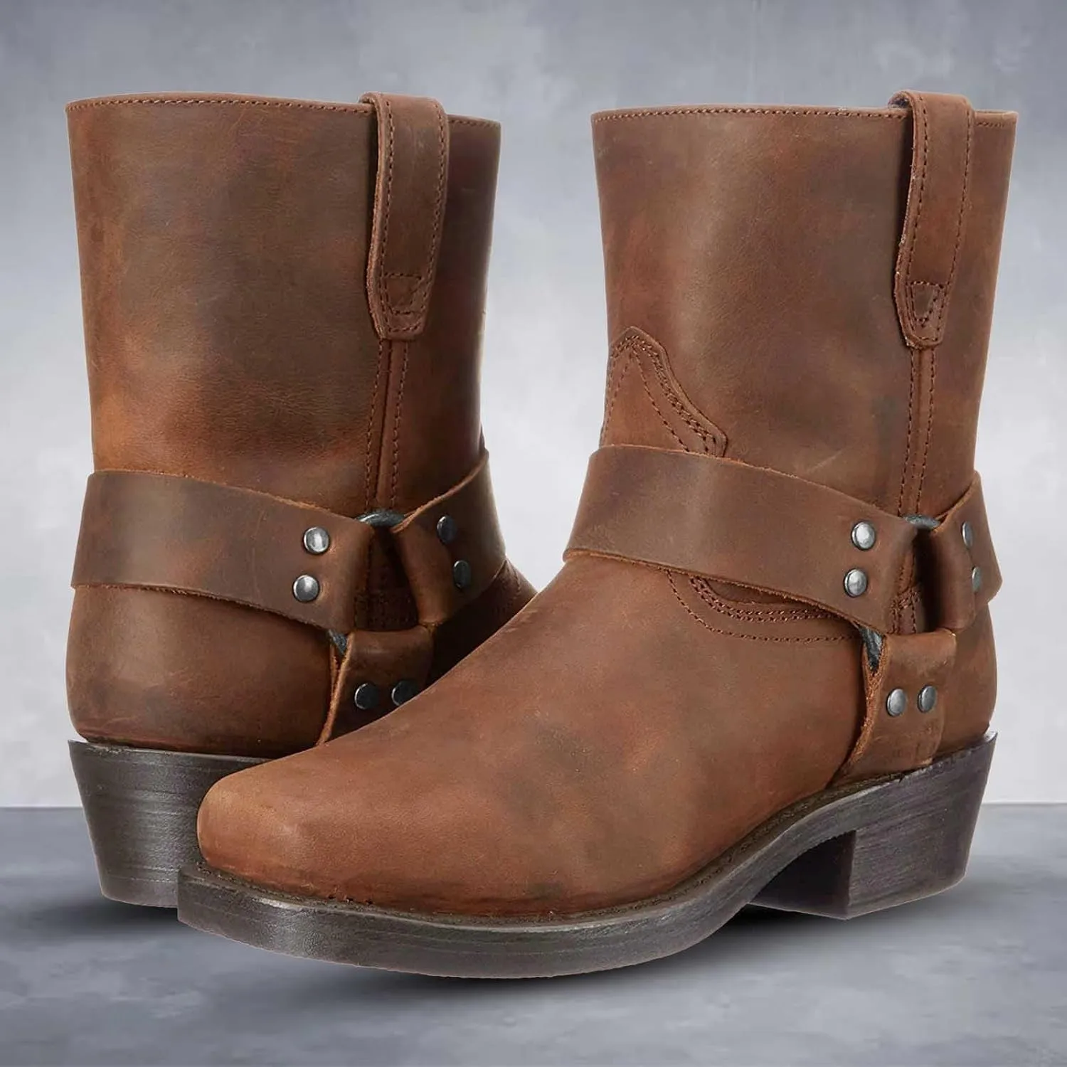 Cowboy Boots for Women Retro Straps Mid Calf Motorcycle Boots Casual Square Toe Western Short Boots with Zipper