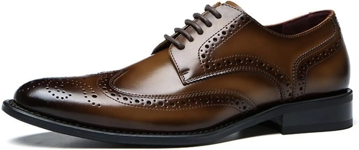 Dress Formal Shoes for Men Lace Up Brogue Embossed Wing tip Slip Resistant Low Top Anti-Slip Block Heel Rubber Sole Casual