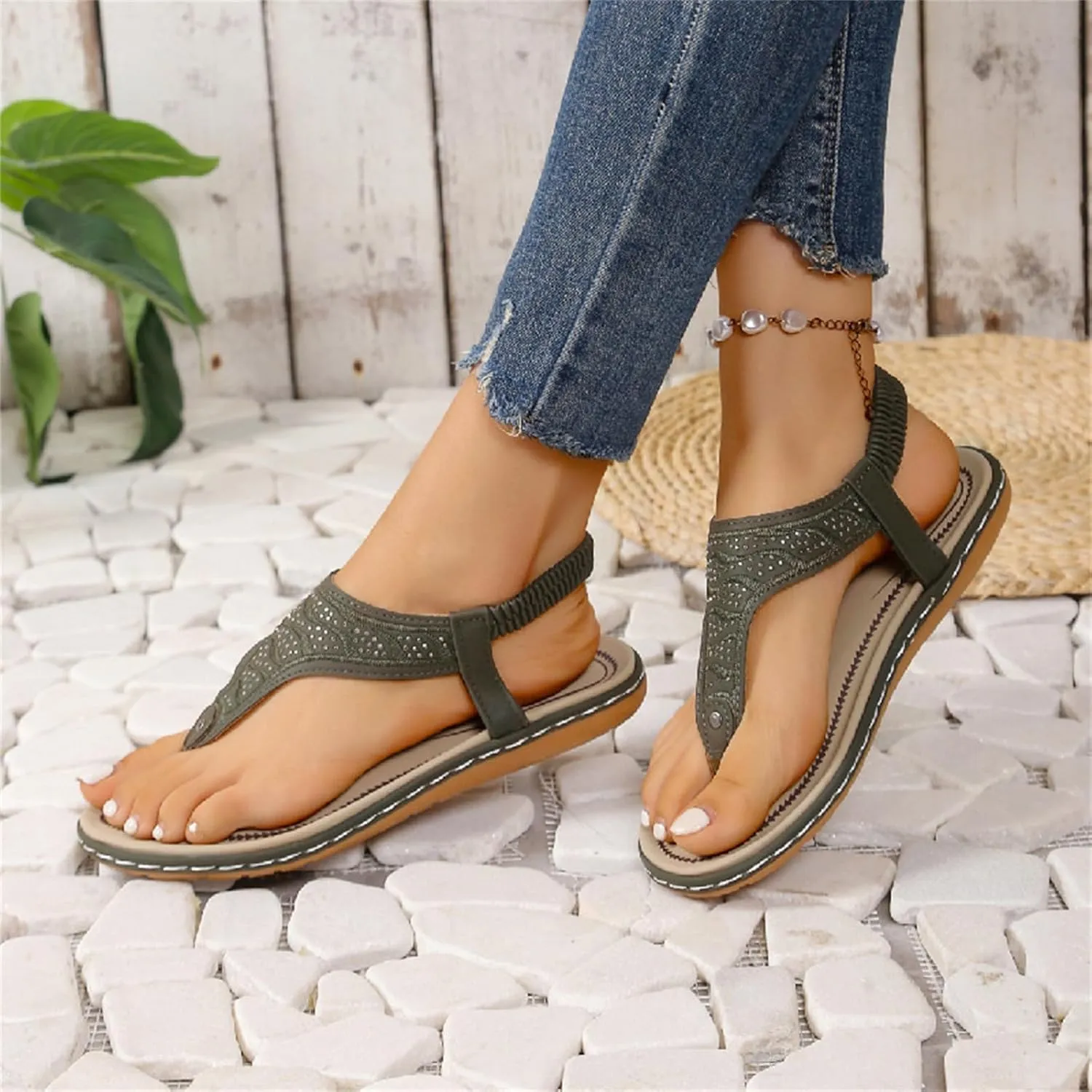 Flat Sandals for Women Arch Support Sandals Casual Elastic Strappy Sandal Flip Flops Summer Comfortable Breathable Ankle Strap Beach Shoes Orthopedic Comfortable Walking Shoe