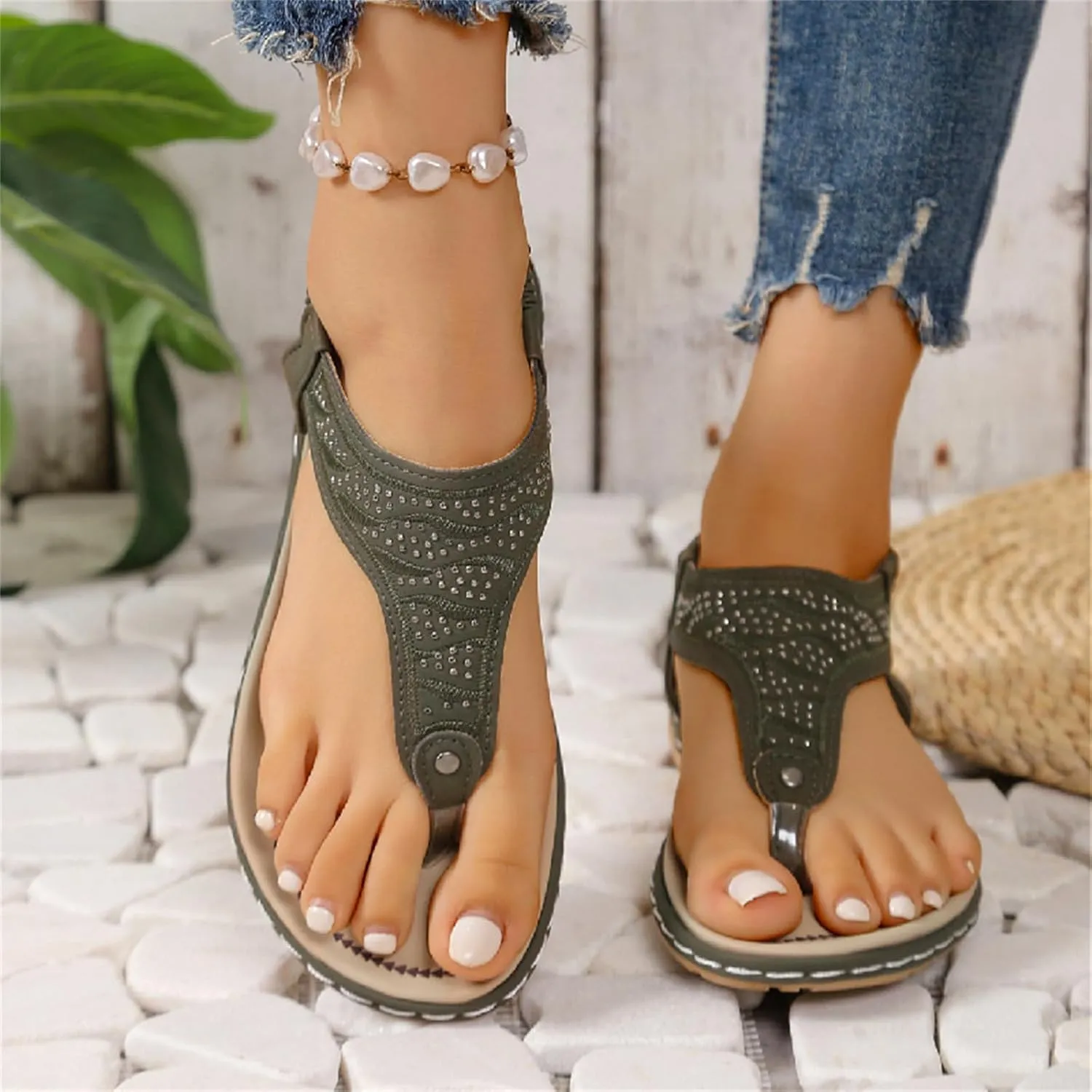 Flat Sandals for Women Arch Support Sandals Casual Elastic Strappy Sandal Flip Flops Summer Comfortable Breathable Ankle Strap Beach Shoes Orthopedic Comfortable Walking Shoe