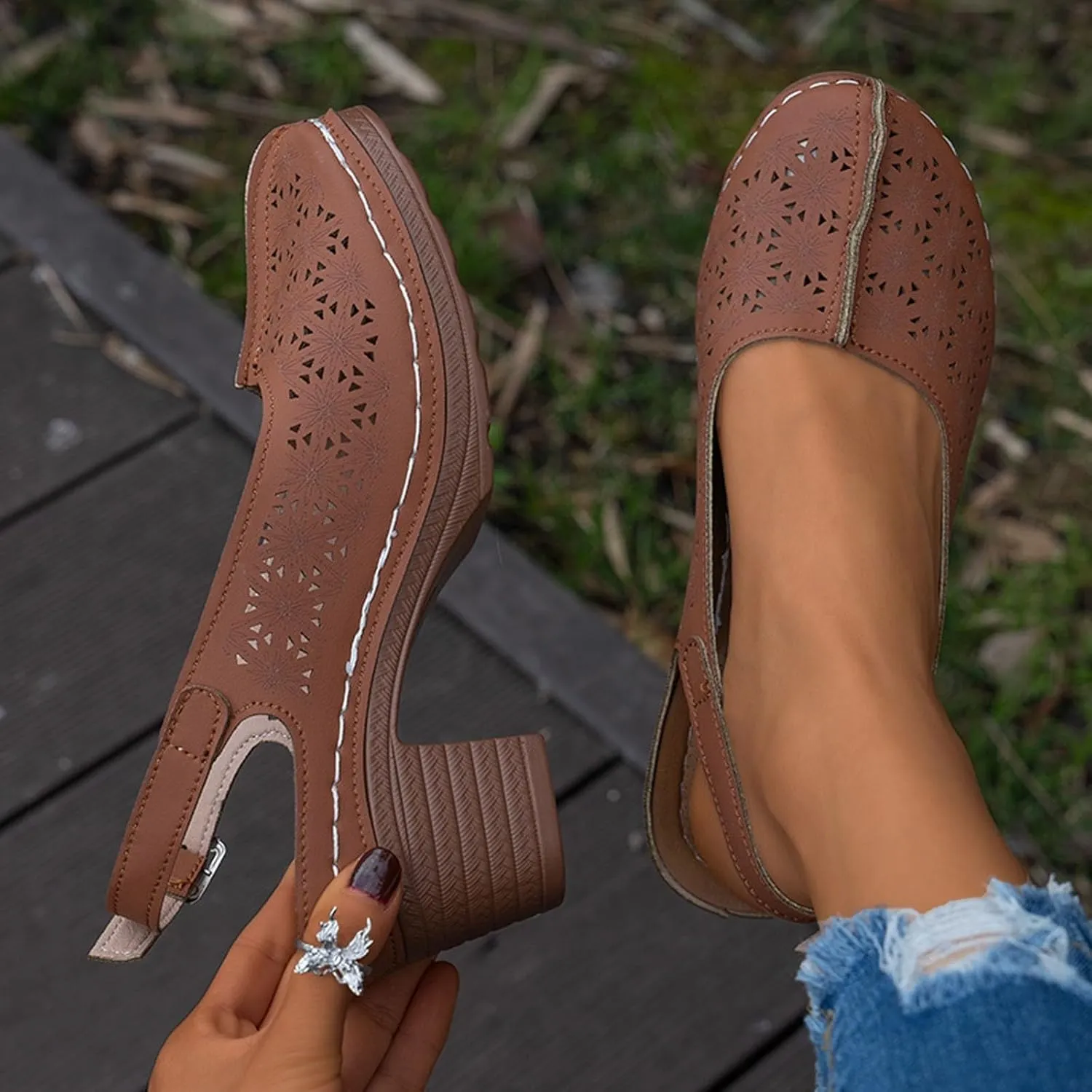 Heeled Sandals Orthopedic Slingback Slip On Chunky Low Heel Sandals Closed Toe Breathable Slingback Ankle Strap Walking Shoes Hollow Out Summer Outdoor Womens Shoes