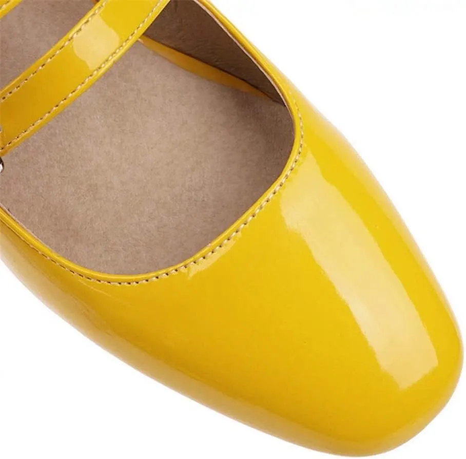 HOTRA Women's Mary Jane Pump Square Toe Buckle Strappy Chunky Heel Oxford Shoes Fashion Patent Leather Dress Pumps (Color : Yellow, Size : 3 US)