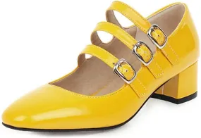 HOTRA Women's Mary Jane Pump Square Toe Buckle Strappy Chunky Heel Oxford Shoes Fashion Patent Leather Dress Pumps (Color : Yellow, Size : 3 US)