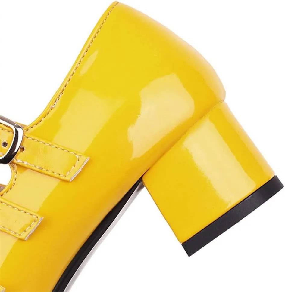 HOTRA Women's Mary Jane Pump Square Toe Buckle Strappy Chunky Heel Oxford Shoes Fashion Patent Leather Dress Pumps (Color : Yellow, Size : 3 US)