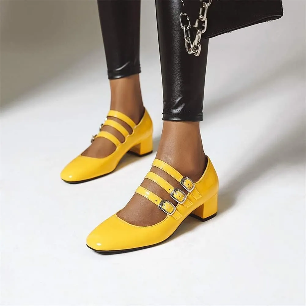 HOTRA Women's Mary Jane Pump Square Toe Buckle Strappy Chunky Heel Oxford Shoes Fashion Patent Leather Dress Pumps (Color : Yellow, Size : 3 US)