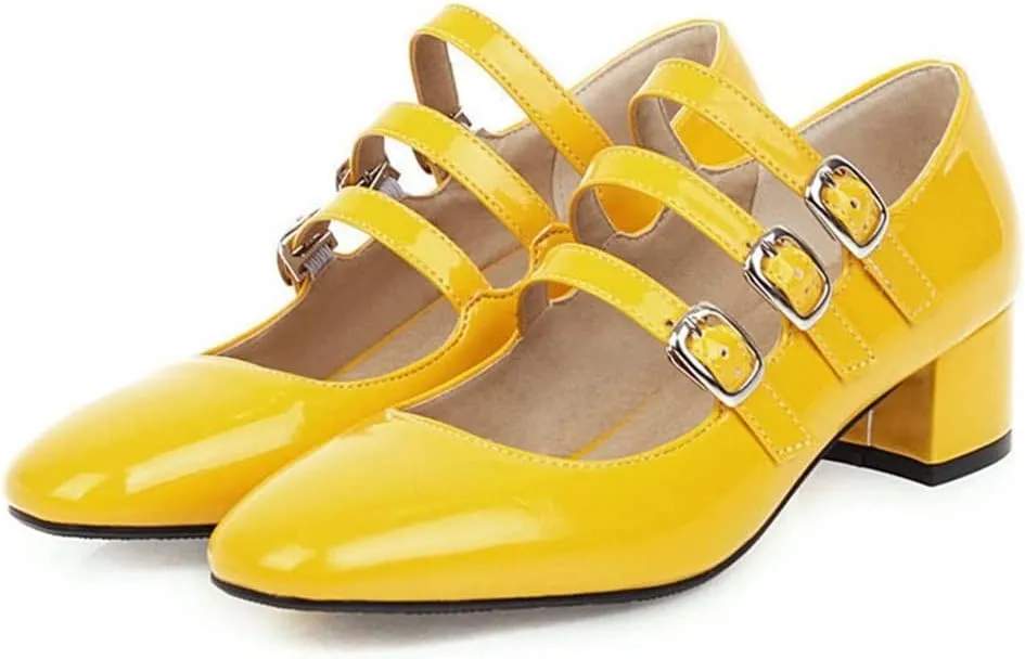 HOTRA Women's Mary Jane Pump Square Toe Buckle Strappy Chunky Heel Oxford Shoes Fashion Patent Leather Dress Pumps (Color : Yellow, Size : 3 US)