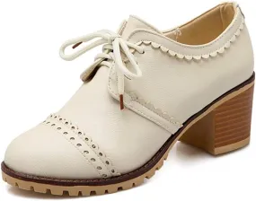 MIOKE Women's Lace Up Pump Oxfords Brogues Wingtip Round Toe Chunky Platform Block Heel Vintage Dress Shoes