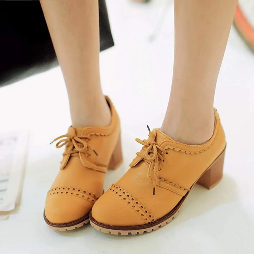 MIOKE Women's Lace Up Pump Oxfords Brogues Wingtip Round Toe Chunky Platform Block Heel Vintage Dress Shoes