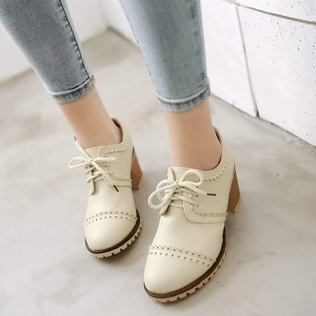 MIOKE Women's Lace Up Pump Oxfords Brogues Wingtip Round Toe Chunky Platform Block Heel Vintage Dress Shoes