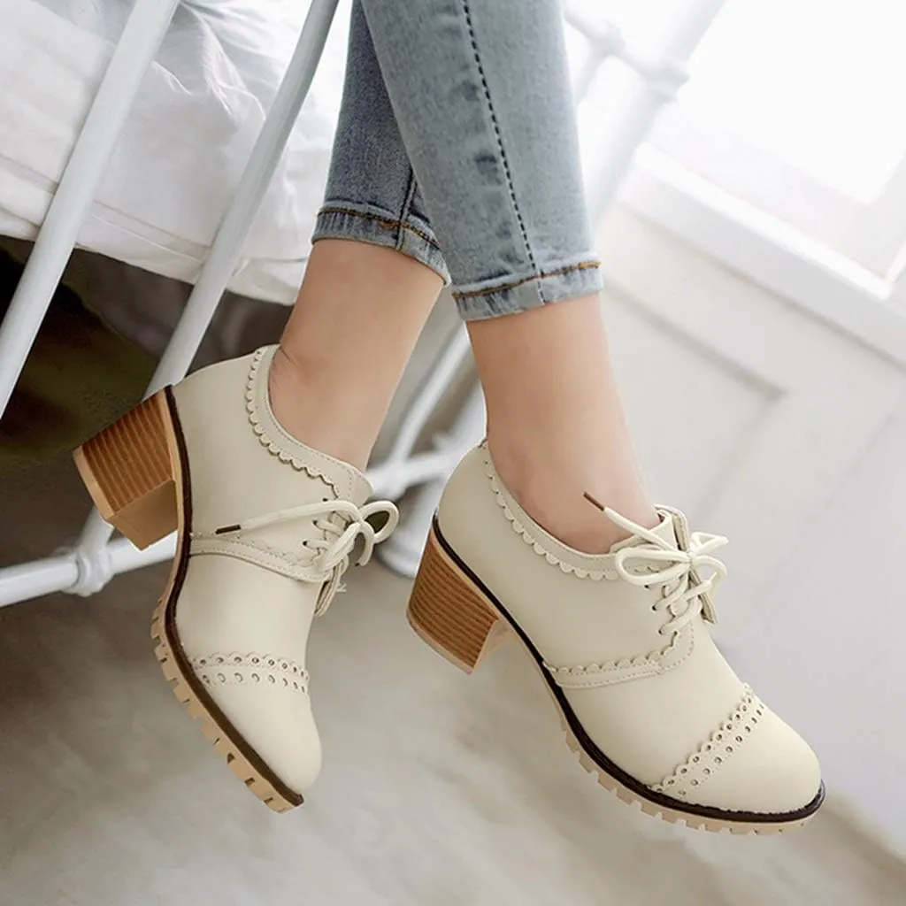 MIOKE Women's Lace Up Pump Oxfords Brogues Wingtip Round Toe Chunky Platform Block Heel Vintage Dress Shoes