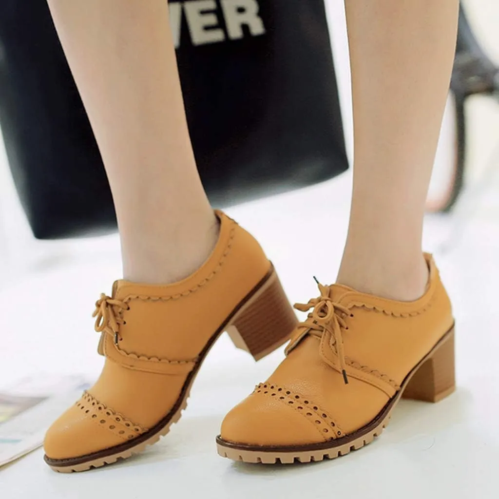 MIOKE Women's Lace Up Pump Oxfords Brogues Wingtip Round Toe Chunky Platform Block Heel Vintage Dress Shoes
