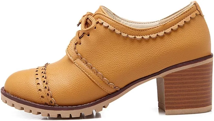 MIOKE Women's Lace Up Pump Oxfords Brogues Wingtip Round Toe Chunky Platform Block Heel Vintage Dress Shoes