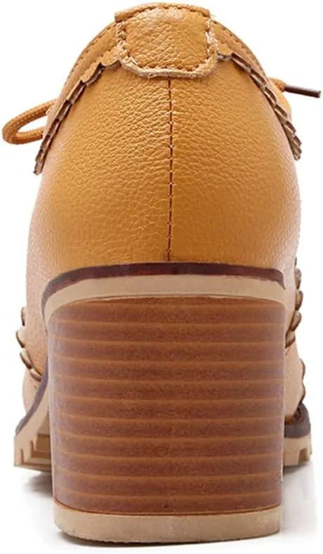 MIOKE Women's Lace Up Pump Oxfords Brogues Wingtip Round Toe Chunky Platform Block Heel Vintage Dress Shoes