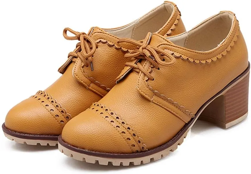 MIOKE Women's Lace Up Pump Oxfords Brogues Wingtip Round Toe Chunky Platform Block Heel Vintage Dress Shoes