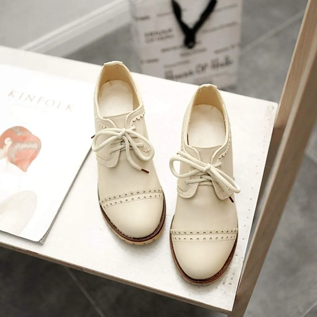 MIOKE Women's Lace Up Pump Oxfords Brogues Wingtip Round Toe Chunky Platform Block Heel Vintage Dress Shoes