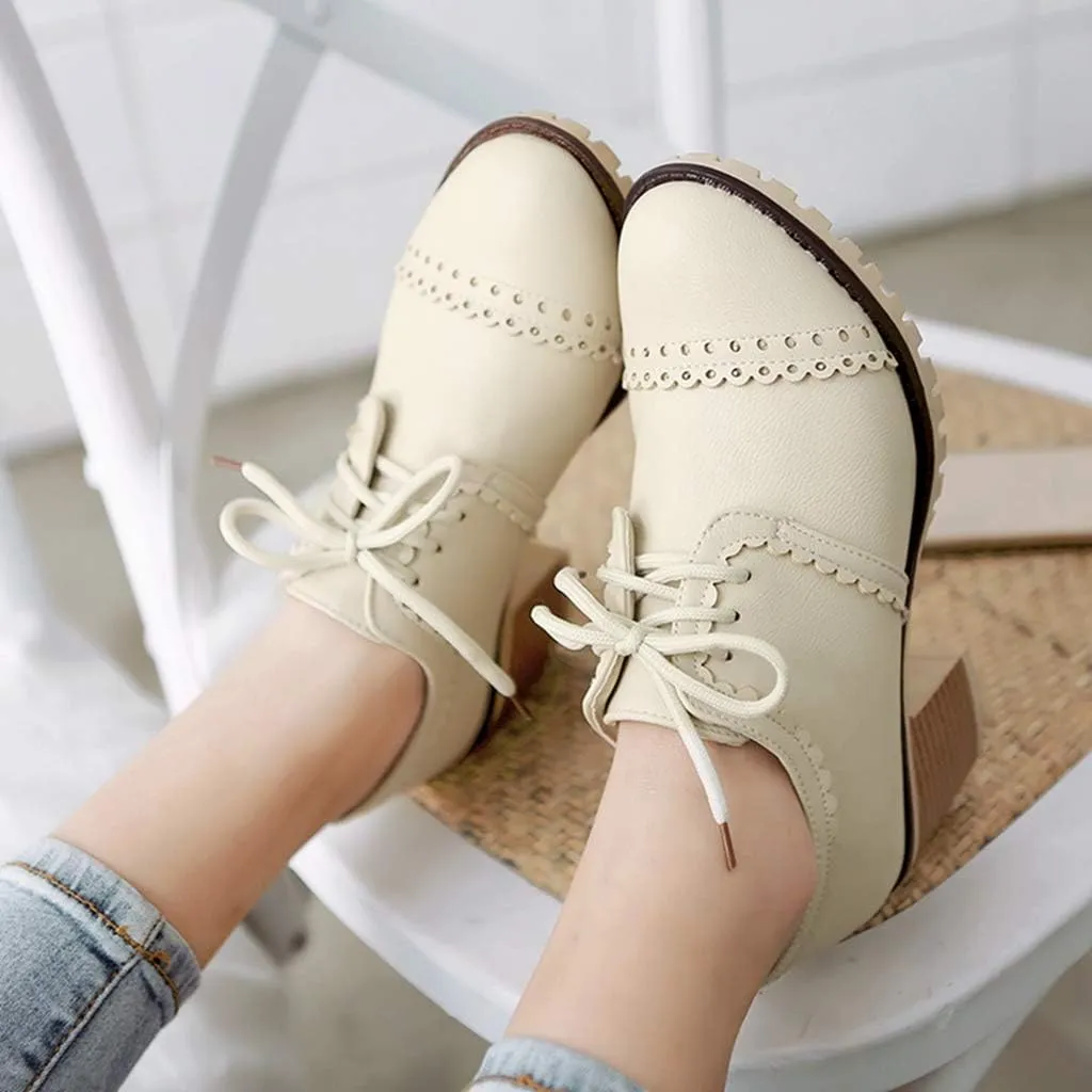 MIOKE Women's Lace Up Pump Oxfords Brogues Wingtip Round Toe Chunky Platform Block Heel Vintage Dress Shoes