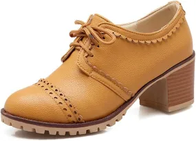 MIOKE Women's Lace Up Pump Oxfords Brogues Wingtip Round Toe Chunky Platform Block Heel Vintage Dress Shoes