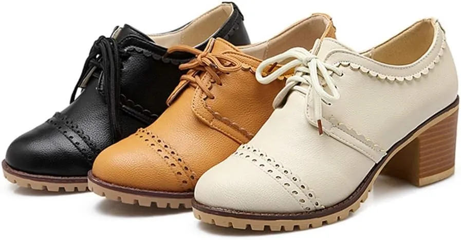 MIOKE Women's Lace Up Pump Oxfords Brogues Wingtip Round Toe Chunky Platform Block Heel Vintage Dress Shoes