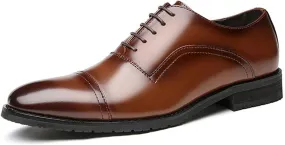 Oxford Dress Shoes for Men Lace Up Cap Toe Black Round Burnished Toe Leather Non Slip Low Top Rubber Sole Slip Resistant Business