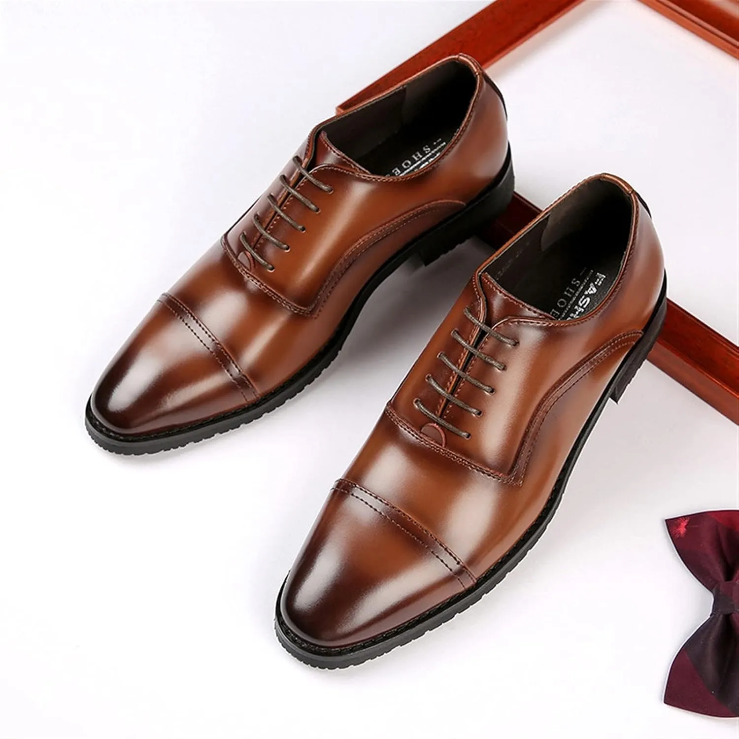 Oxford Dress Shoes for Men Lace Up Cap Toe Black Round Burnished Toe Leather Non Slip Low Top Rubber Sole Slip Resistant Business