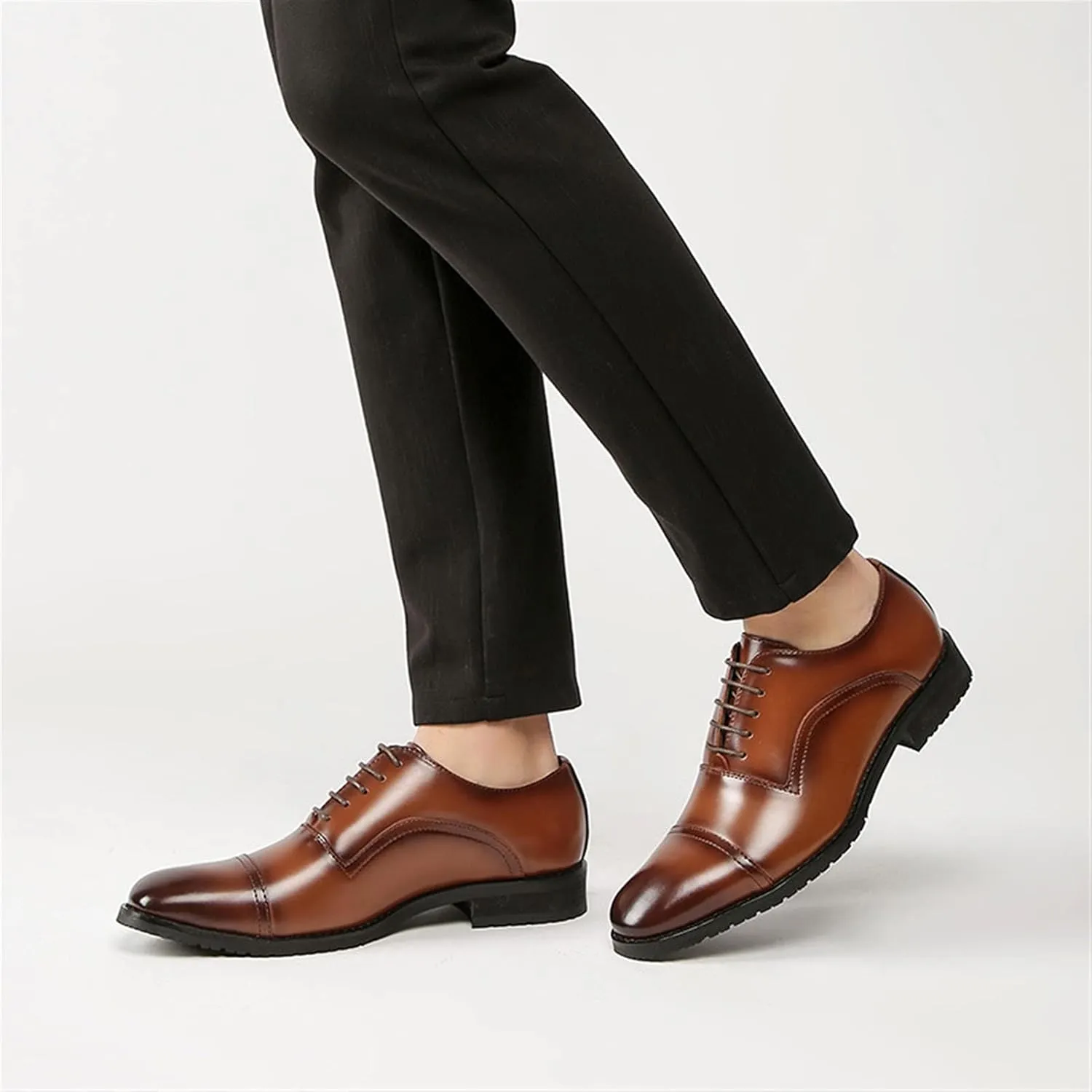 Oxford Dress Shoes for Men Lace Up Cap Toe Black Round Burnished Toe Leather Non Slip Low Top Rubber Sole Slip Resistant Business