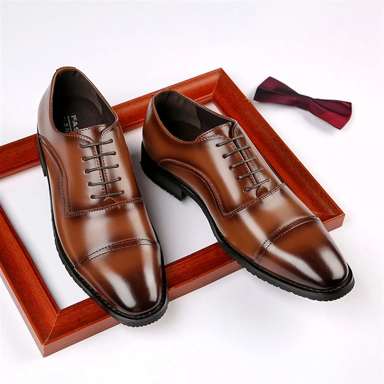 Oxford Dress Shoes for Men Lace Up Cap Toe Black Round Burnished Toe Leather Non Slip Low Top Rubber Sole Slip Resistant Business