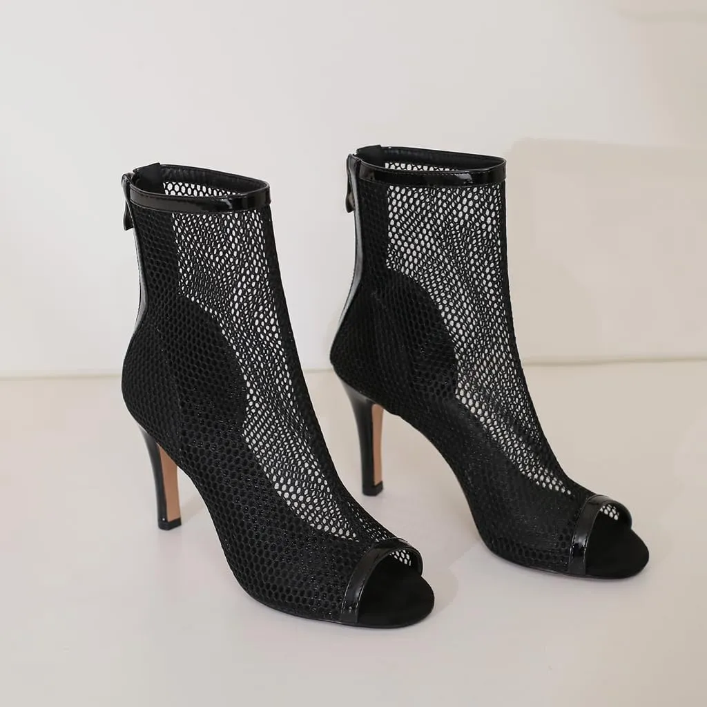 Sexy Peep Toe Dance Dressy Ankle Booties For Womens Fashion Back Zipper Stilettos High Heeled Sandals