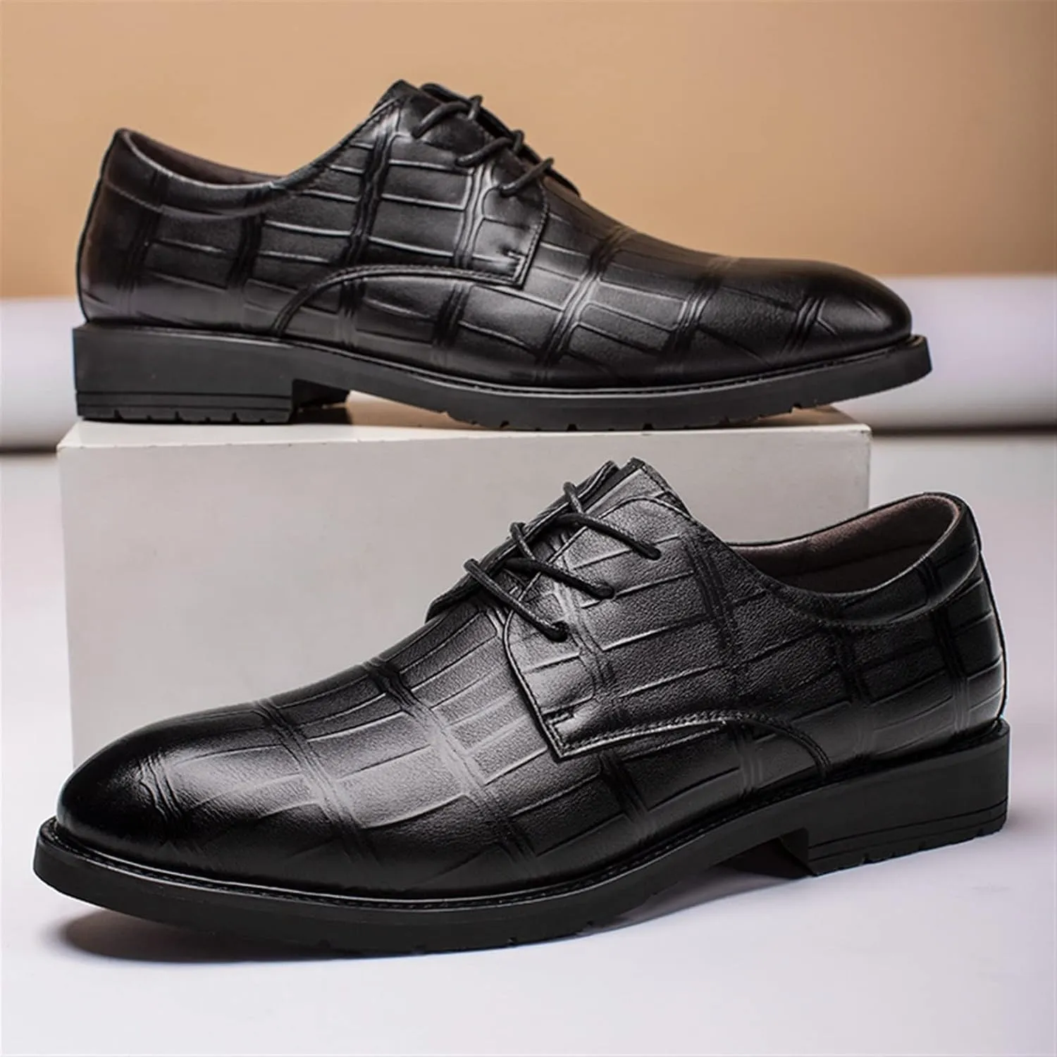 Single Season Shoes Dress Oxford for Men Lace Up Plaid Derby Shoes Leather Non Slip Anti-Slip Low Top Slip Resistant Classic Very Popular Among Young People
