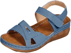 Wedge Sandals for Women Slip On Low Wedge Sandals Orthopedic Open Toe Soft Cushion Shoes Comfort Elastic Hook and Loop Closure Shoes Walking Casual Orthotic Sandal