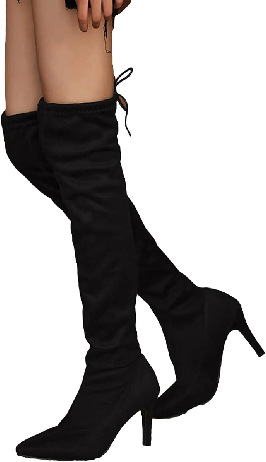 Women Over the Knee Boots Stiletto High Heels Fashion Leopard Pointed Toe Thigh High Boots Comfortable Casual Lace Up Stretch Zipper Shoes