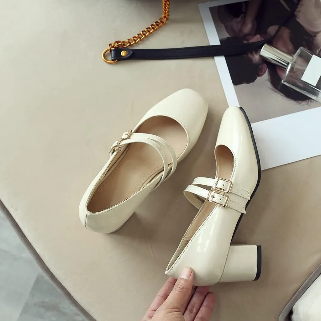 Women's Mary Jane Pump Oxford Square Toe Patent Leather Buckle Strap Chunky Mid Heel Retro Dress Shoes