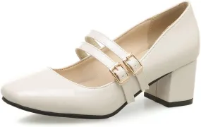 Women's Mary Jane Pump Oxford Square Toe Patent Leather Buckle Strap Chunky Mid Heel Retro Dress Shoes