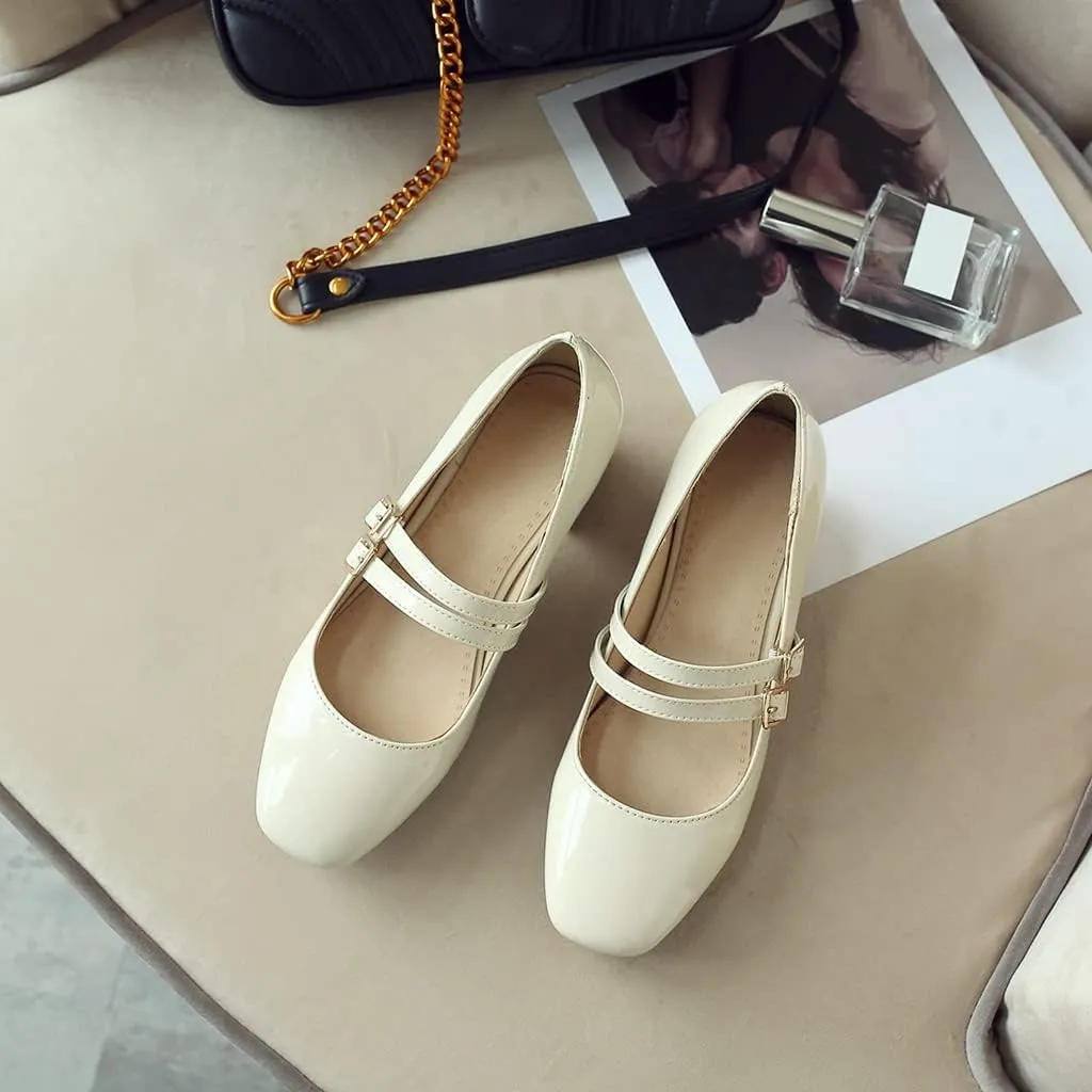 Women's Mary Jane Pump Oxford Square Toe Patent Leather Buckle Strap Chunky Mid Heel Retro Dress Shoes