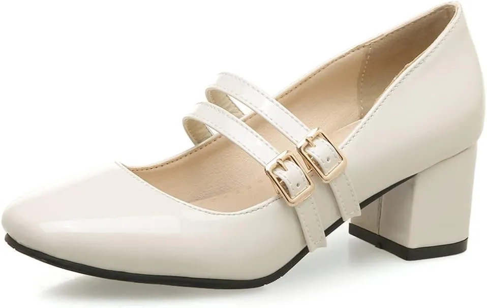 Women's Mary Jane Pump Oxford Square Toe Patent Leather Buckle Strap Chunky Mid Heel Retro Dress Shoes