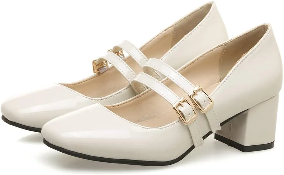 Women's Mary Jane Pump Oxford Square Toe Patent Leather Buckle Strap Chunky Mid Heel Retro Dress Shoes