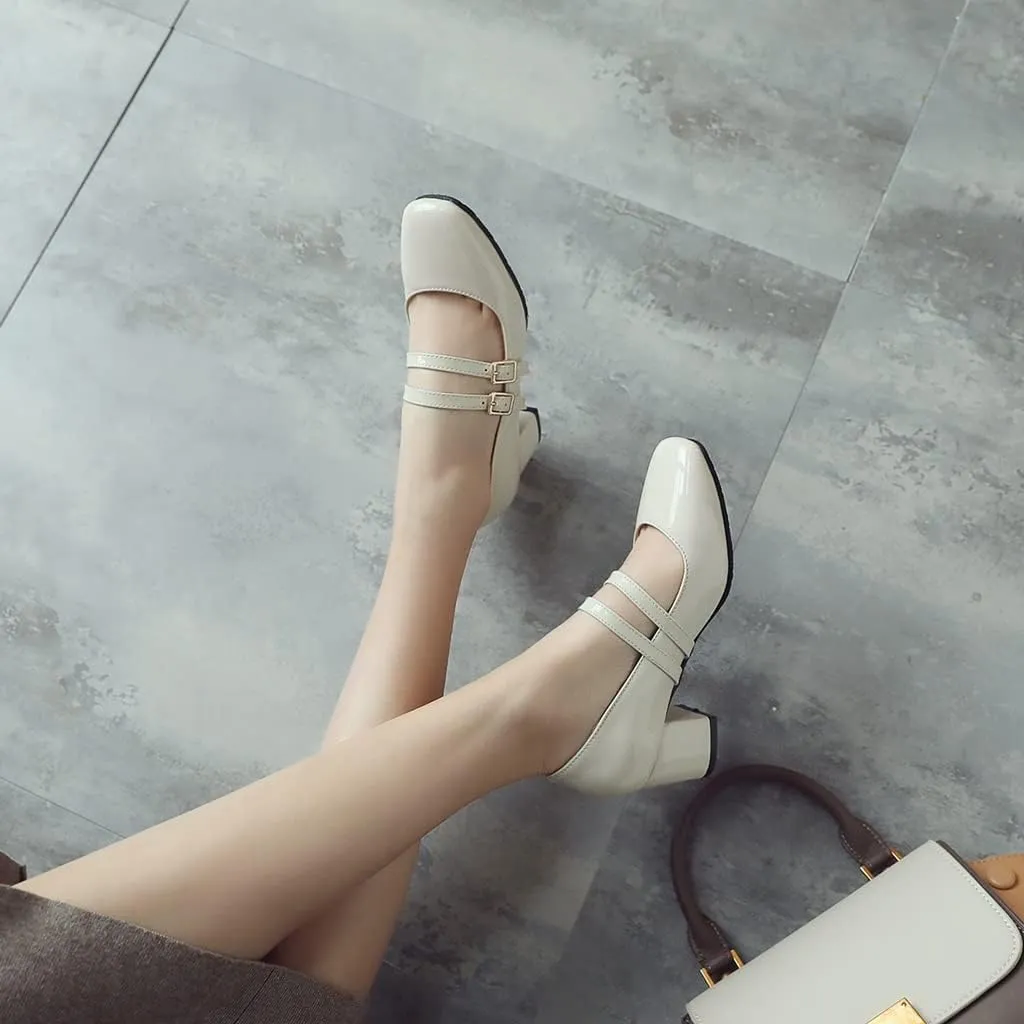 Women's Mary Jane Pump Oxford Square Toe Patent Leather Buckle Strap Chunky Mid Heel Retro Dress Shoes