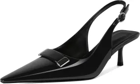 Women's Pointed Toe Slingback Heels Metal Buckle Ankle Strap Kitten Low Heel Pumps 2 Inch Stylish Retro Women Shoes