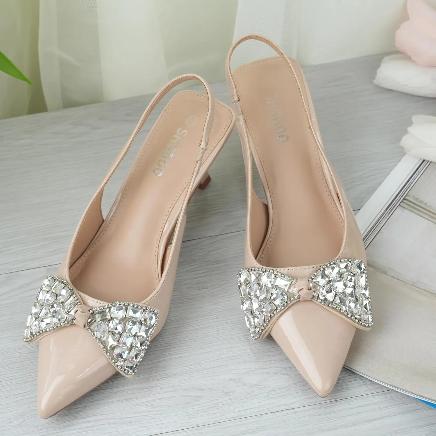 Women's Slingback Kitten Heels with Bow 2.4-Inch Low Heels Closed Pointed Toe Pump Dress Shoes