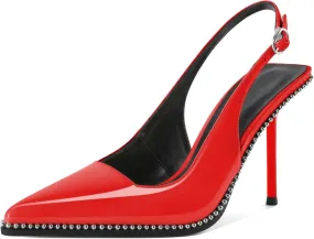 Women's Slingback Pumps Pointed Toe High Stiletto Heels Backless Stretch Beaded Heels 4.2 Inch Dress Pumps Shoes
